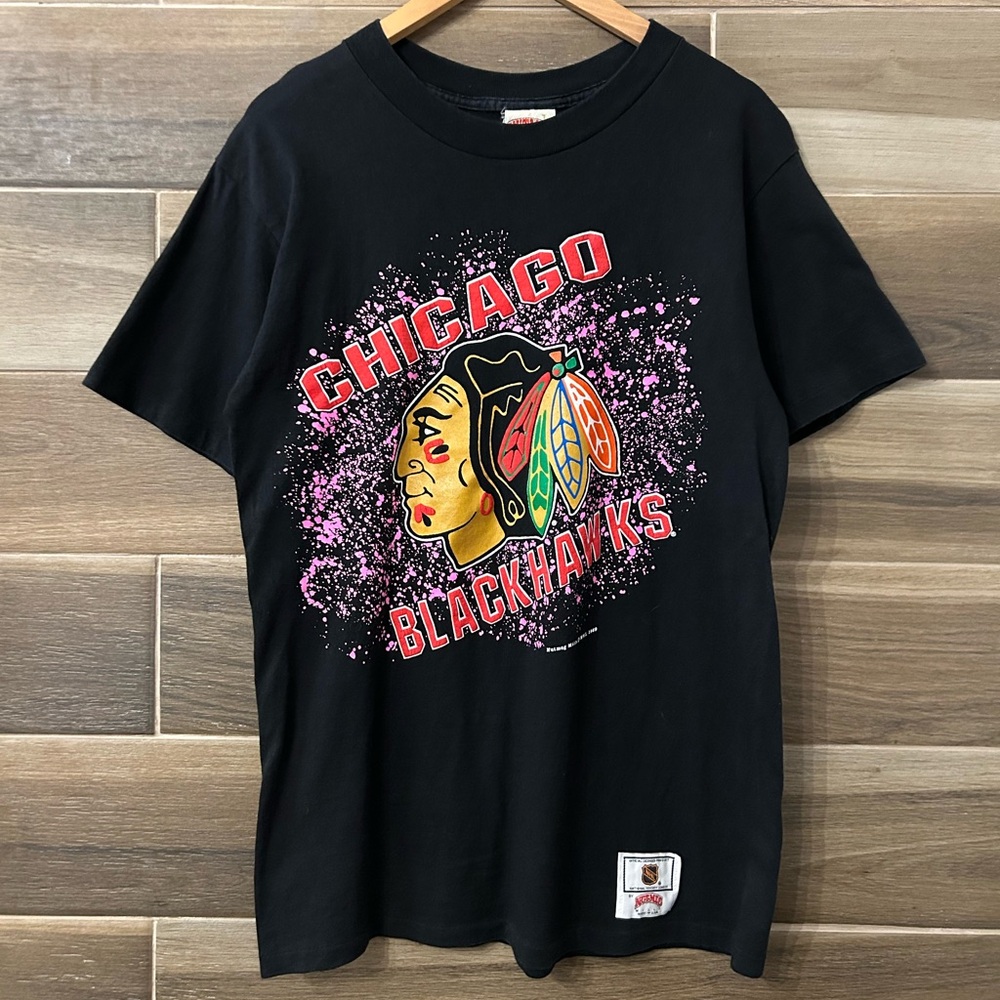 Vintage Nutmeg Mills Chicago Blackhawks Black Medium T Shirt NHL 80s 90s Hockey